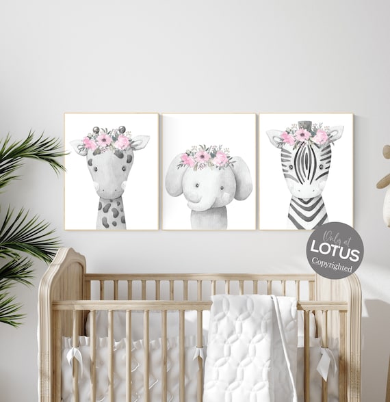 Nursery wall art animals, girl nursery, Animals Prints, Woodland Nursery Decor, Safari Nursery Wall Art, floral animal prints, girls room