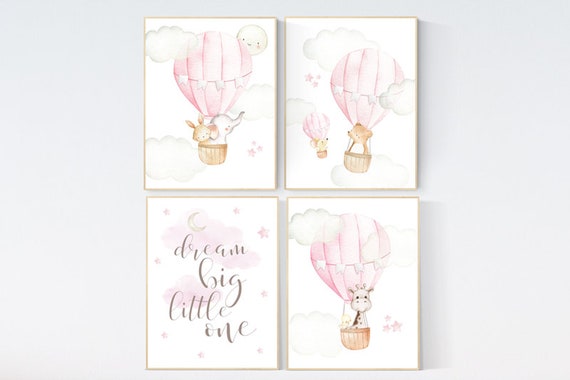 Baby girl nursery, nursery decor elephant, woodland nursery, hot air balloon nursery animal, baby room decor girl, giraffe , bear, bunny