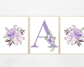 Purple Floral Initial Nursery Art Print: Lavender Lilac Decor
