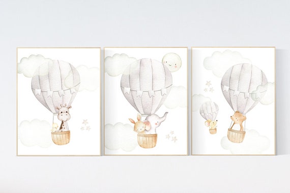 Hot Air Balloon Nursery Prints: Woodland Animals, Neutral Decor