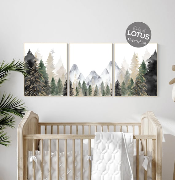 Nursery decor woodland, mountain wall art, tree nursery decor, adventure theme nursery, forest, sage green, beige, woodland animals