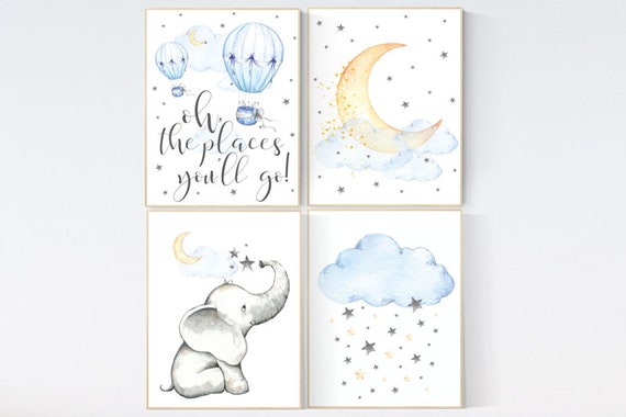 Elephant nursery, Nursery decor hot air balloons, cloud nursery decor, Oh the places you'll go, Nursery decor neutral moon and stars nursery