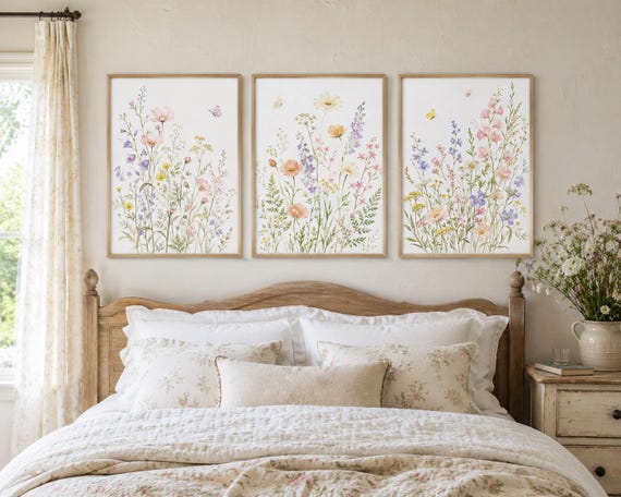 Wildflower Wall Art Set of 3, Pastel Botanical Prints, Floral Nursery Decor