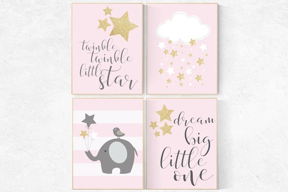 Twinkle twinkle little star nursery, elephant nursery art, pink gold nursery decor, dream big little one, pink and gold, pink nursery art