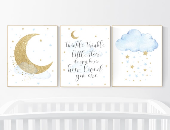 Nursery decor boy, blue and gold nursery, twinkle twinkle little star, blue nursery wall art, cloud and stars, baby nursery room decor