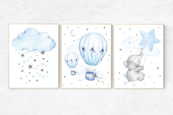 Blue nursery decor, Nursery wall art boy, Boy bedroom print, set of 3, Elephant nursery print, Animal print for nursery, hot air balloon