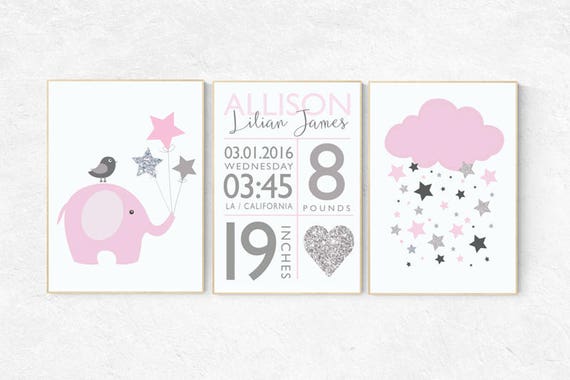 Pink and grey nursery decor, birth stats wall art, baby girl nursery wall art, pink silver nursery decor, pink silver, pink and gray