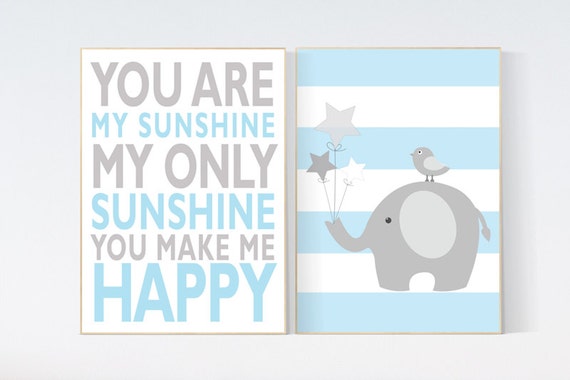 Blue nursery decor, you are my sunshine nursery, elephant nursery, baby boy nursery, blue gray nursery, nursery wall art,  nursery room boy