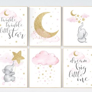 Twinkle twinkle little star, Pink gold nursery decor, Moon cloud star nursery, elephant, giraffe, baby girl nursery prints, nursery ideas