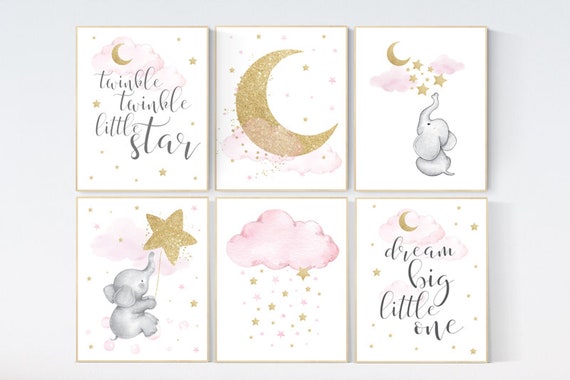 Twinkle twinkle little star, Pink gold nursery decor, Moon cloud star nursery, elephant, giraffe, baby girl nursery prints, nursery ideas