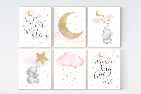 Twinkle twinkle little star, Pink gold nursery decor, Moon cloud star nursery, elephant, giraffe, baby girl nursery prints, nursery ideas