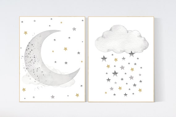 Grey nursery decor, gray gold nursery decor, gold nursery, grey, moon and stars nursery, gender neutral nursery wall art, moon, cloud
