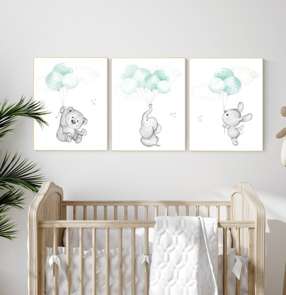 Mint nursery wall art, gender neutral, elephant nursery wall art, animal prints, bear nursery, rabbit nursery, mint green, twin nursery