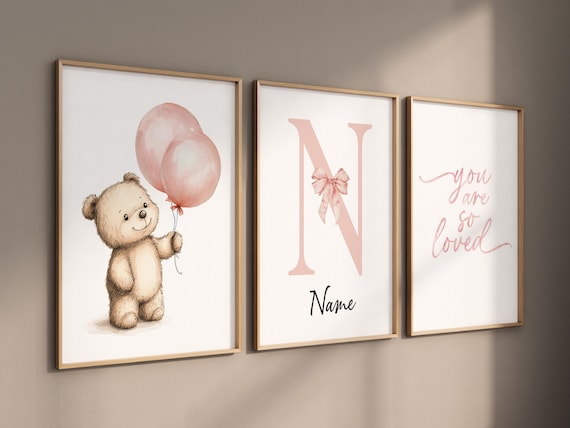 Blush Pink Bear Nursery Wall Art, Personalized Baby Name Print, You Are So Loved Quote, Girl Room Decor, Custom Baby room, girl nursery