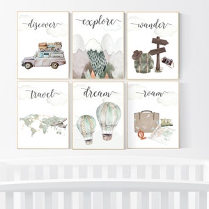 Travel nursery print, Explore nursery wall art, Baby boy nursery, Adventure Set of 6 prints, Camping Prints, Adventure Nursery Decor