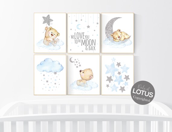 Nursery decor boy bear, boys nursery prints, nursery decor boy ideas, nursery art ideas, baby blue and silver, nursery wall art, blue silver