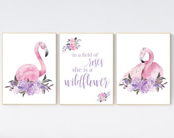 Nursery wall art flamingo, nursery decor girl flower, nursery decor girl floral, Boho baby room, pink purple, flower baby room