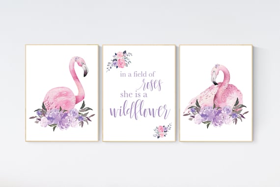 Nursery wall art flamingo, nursery decor girl flower, nursery decor girl floral, Boho baby room, pink purple, flower baby room