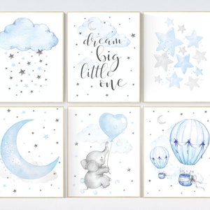 Nursery decor boy elephant, nursery wall art boy, Blue and gray, cloud and stars, hot air balloon, elephant nursery art, moon nursery