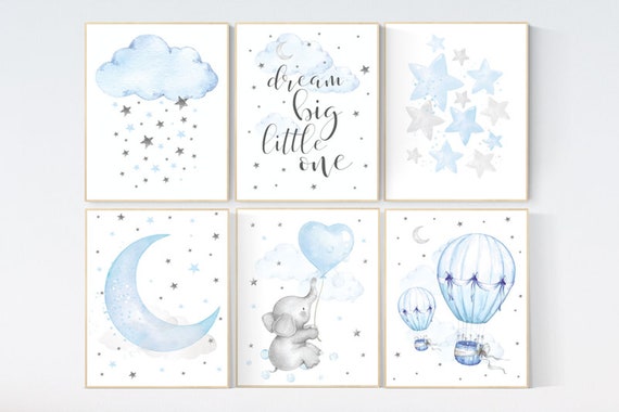 Nursery decor boy elephant, nursery wall art boy, Blue and gray, cloud and stars, hot air balloon, elephant nursery art, moon nursery