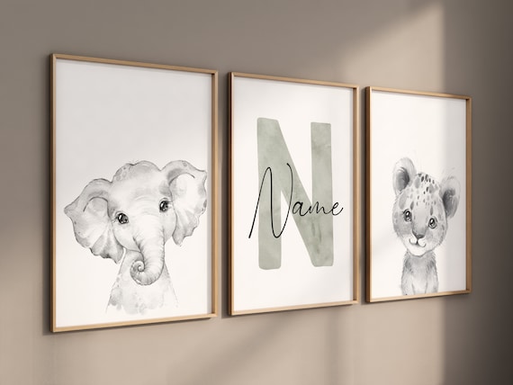 Nursery wall art animals, gray nursery, gender neutral nursery, sage green, baby room decor, bear, elephant, animal prints