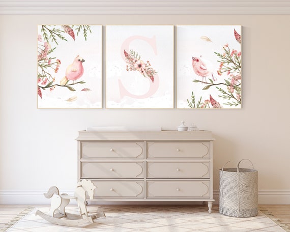 Nursery decor girl floral, Nursery wall art birds, nursery decor girl flower, baby bird nursery, spring theme baby shower, bird nursery art