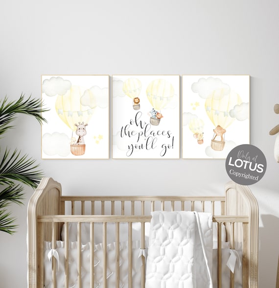 Nursery decor girl yellow, yellow nursery print, nursery wall art animals, hot air balloon nursery art, elephant, giraffe, bear, bunny print