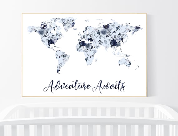 Floral nursery, girl nursery, map nursery art, world map, girl room decor, girl nursery, navy blue, girl nursery ideas