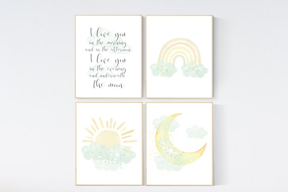 Mint and yellow nursery, moon and stars nursery, gender neutral nursery, nursery wall decor, rainbow, sun, mint yellow nursery prints