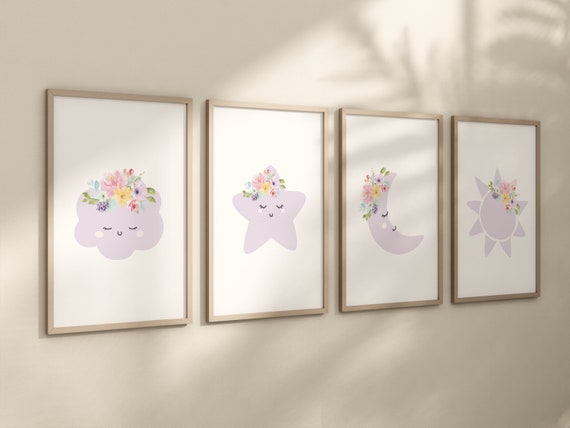 Purple nursery, Moon wall art, Moon nursery decor, flower nursery, nursery decor girl, lilac nursery, cloud print, girls room decor, floral
