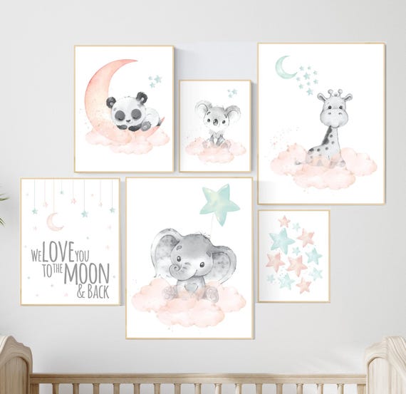 Nursery decor mint coral, animal prints, mint and coral, elephant, giraffe, panda, koala, we love you to the moon and back, gender neutral