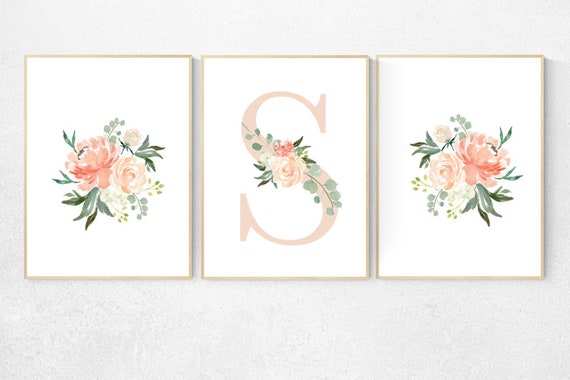 Nursery decor girl coral, nursery decor girl flower, nursery decor girl floral, pink roses, peach nursery decor flower nursery decor initial