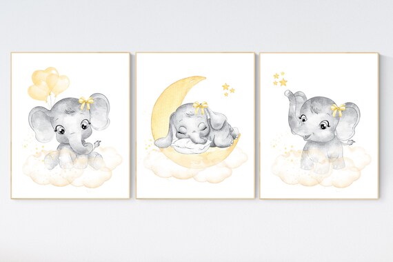 Nursery decor neutral, Yellow nursery, nursery wall art elephant, moon, stars, gender neutral, yellow and gray nursery art, baby room art