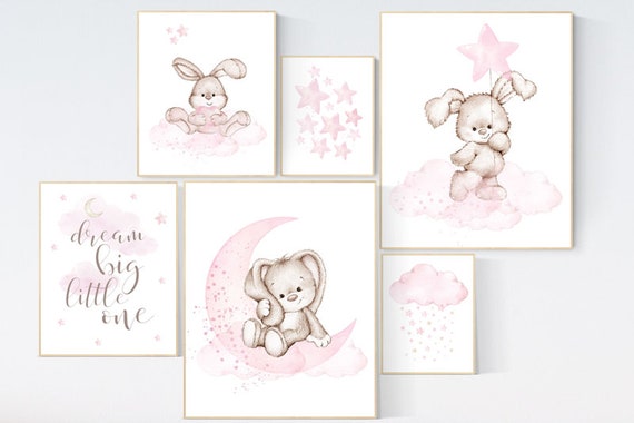 Rabbit nursery print, nursery print set girl, pink, watercolor bunny nursery print, Nursery decor girl bunny, Nursery wall art girl,