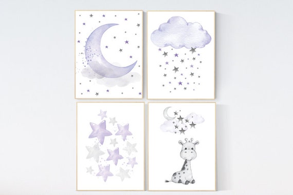 Nursery decor girl purple, nursery decor girl giraffe, purple nursery print, girl nursery, moon and stars, baby girl nursery decor, lilac