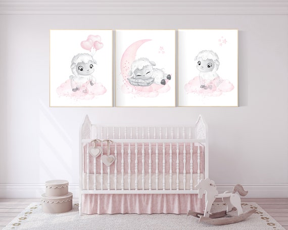 Nursery decor lamb, Sheep nursery decor, Nursery decor girl, nursery wall art sheep, moon and cloud wall art nursery, girl nursery decor