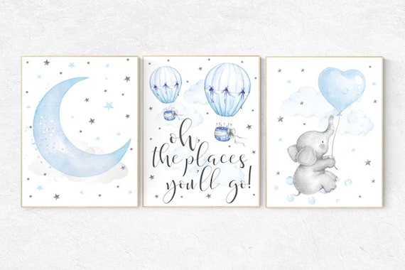 Nursery decor boy elephant, Nursery decor boy hot air balloon, oh the places you'll go, hot air balloon nursery, blue and gray nursery