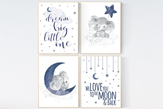 Nursery decor boy elephant, navy nursery decor, we love you to the moon and back, moon and stars, navy blue nursery art, elephant nursery