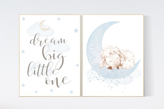 Sheep nursery decor, blue grey nursery, nursery decor lambs, nursery wall art sheep, moon and cloud wall art nursery, gray blue, nursery art