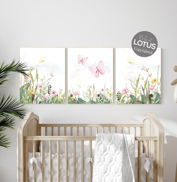 Nursery decor girl floral, butterfly, pink and yellow, flower Nursery Art, Girl Nursery Art, Butterfly Nursery, floral nursery