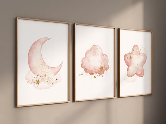 Blush moon and stars nursery art, Moon, cloud, and star prints for baby room, Nursery prints rainbow, pink and gold nursery artwork