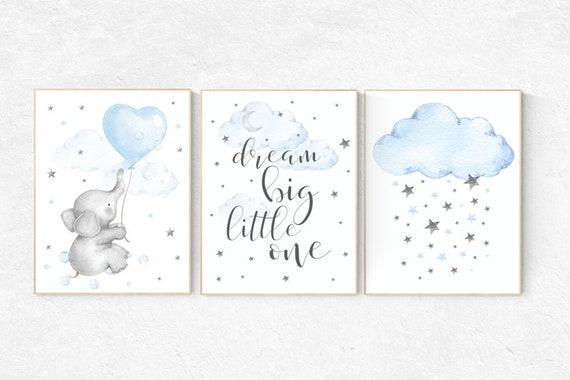 Elephant nursery, dream big little one, Blue and gray, Nursery decor boy, nursery decor, boys room decor, , clouds and stars, blue grey