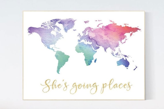 Canvas Listing: She's going places, World Map poster, world map wall art, nursery wall art, she's going places, pink purple