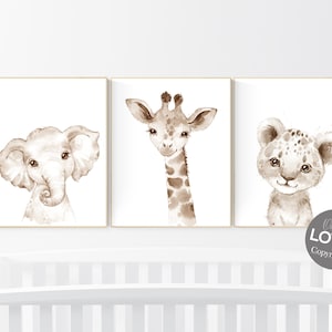 Nursery wall art animals, gray nursery, gender neutral nursery, neutral nursery, baby room decor, elephant, giraffe, animal prints