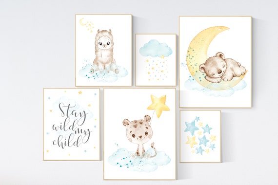 Nursery decor yellow teal, animal prints, llama, jaguar, bear nursery, gender neutral, animals , nursery wall art