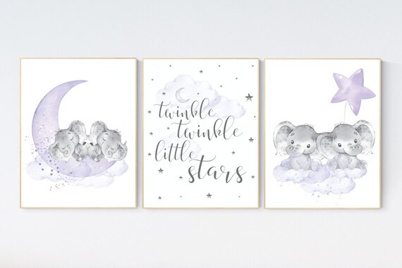 Elephant nursery art, twin nursery, elephant nursery print, lavender nursery, cloud and stars nursery, baby room decor girl, purple nursery