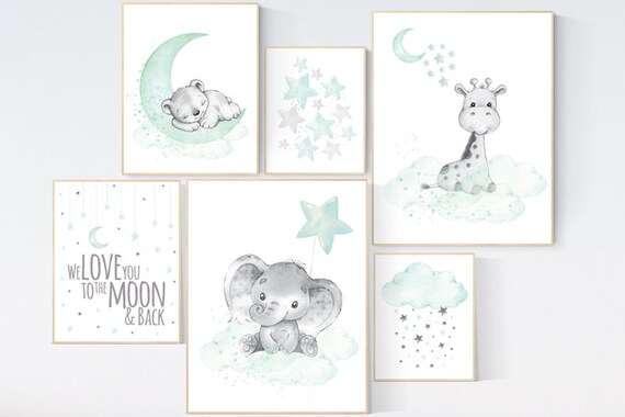 Nursery decor mint, mint green nursery, elephant, giraffe, bear nursery, we love you to the moon and back, gender neutral nursery, cloud