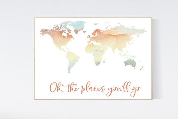 Watercolor World Map, nursery decor world map, neutral colors, gender neutral, Nursery Print, travel themed nursery, natural colors, earth