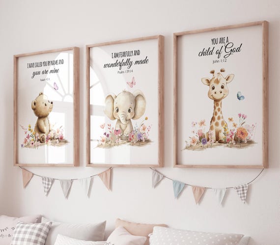 Christian Nursery Wall Art Set, Bible Verse Prints with Bear Elephant Giraffe, Scripture Animal Decor for Baby Girl or Boy Room