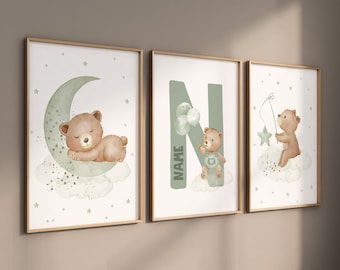 Sage Green Bear Nursery Print: Teddy Bear Wall Art